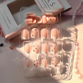 24Pcs White French Tip Press on Nails Short Square Fake Nails with Nail Rhinestones Design Luxury Stick on Nails French False Nails Nude Glue on Nails Reusable Artificial Acrylic Nails for Women