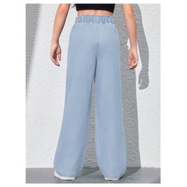 RoseSeek Girl's Drawstring Elastic High Waisted Jeans Straight Leg Denim Pants Casual Jeans with Pockets Light Wash 11Y