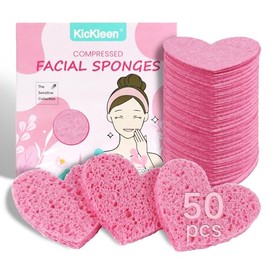 50-Count Kickleen Compressed Cellulose Heart Shape Facial Sponges | Natural Cosmetic Spa Sponges for Facial Cleansing | Exfoliating | Makeup Mask Removal | Reusable | Skin Massage (50 Count (Pink))