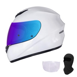 KRN Full Face Motorcycle Motorbike Helmet with Color Visor DOT Approved- Helmet & Balaclava & Clear Visor Gloss White (S)
