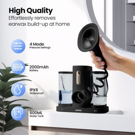 UNIWA Water Powered Ear Cleaner, Electric Ear Cleaner with Reusable Replacement Tips, 4 Pressure Settings, Safe and Effective Ear Rinsing Kit for Adults, Ear Irrigation Kit & USB-C Cable, IPX7, Black