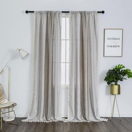 Amidoudou 1 Pair Cotton Linen Boho Curtains with Tassel, Farmhouse Curtains for Bedroom Living Room (Beige and Coffee, 2 x 54 x 96 Inch)