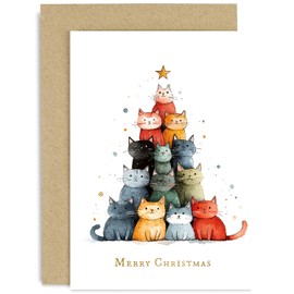 Cat Christmas Tree Illustration Greeting Card - Unique Christmas Cards for Him or Her - Playful Xmas Card design foir Friends and Family - Happy holidays