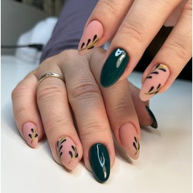 LANYOS 24PCS Press on Nails Medium，Fake Nails Almond Glue on Nails，False Nails with Glue, Acrylic Nails for Women Girls (Dark Green Leaves)