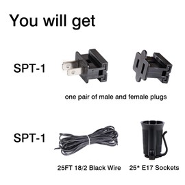Encoidoz DIY Indoor Outdoor Light String Kit - 25FT SPT-2 18/2 Wire, 25 C9 E17 Black Sockets, and 1 SPT-2 Male & Female Vampire Plugs for Customizable Home & Garden Lighting