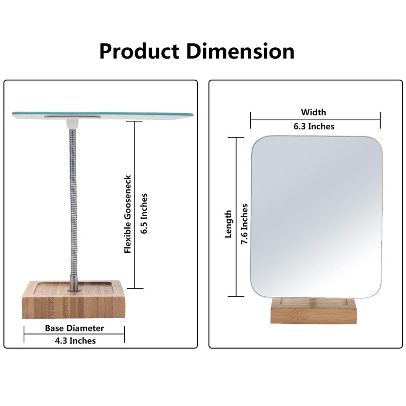 YEAKE Flexible Gooseneck Bamboo Vanity Makeup Mirror,360°Rotation 8" Large Frameless,