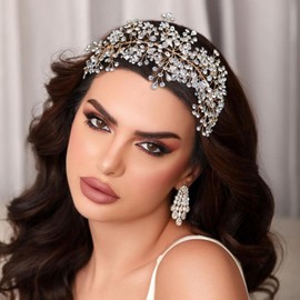 Mpoikba Rhinestone Bride Headband, Elegant Wedding Hair Pieces for Brides, Bridal Hair Accessories(Gold)