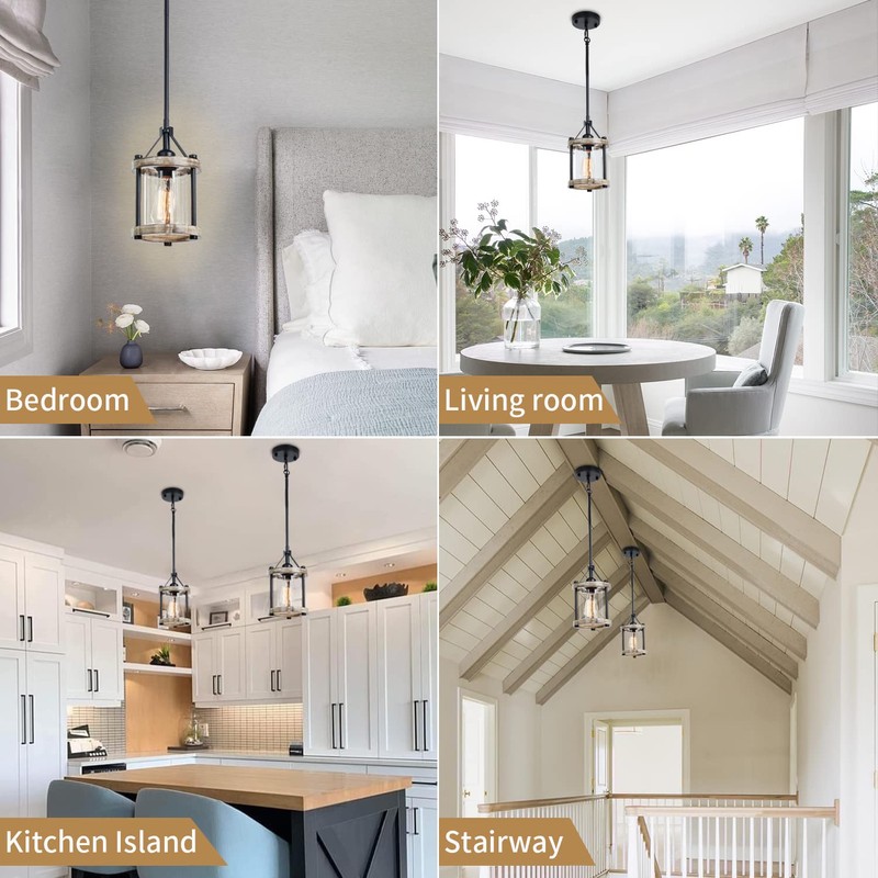Ejerlya Farmhouse Pendant Light, Rustic White Wood and Metal Cage
