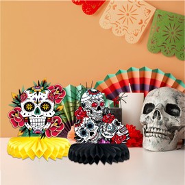 Day of The Dead Decorations - 9 Pieces Dia De Los Muertos Honeycomb Table Toppers Cutouts Sugar Skull Flowers Centerpieces Day of The Dead Decor Mexican Party Supplies