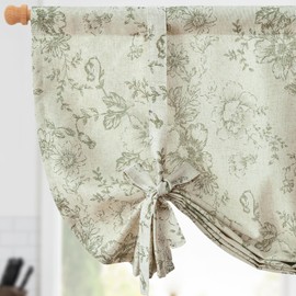 jinchan Tie Up Shade Valance Curtain Linen Floral for Kitchen Window Living Room Cafe Farmhouse Light Filtering Rustic French Retro Country Curtain Over Sink 54 Inch 1 Panel Green on Beige