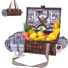 Neti Neti Wicker Picnic Basket for 2 Boho with Insulated Cooler & Waterproof Blanket – Large Willow Picnic Hamper for Outdoor, Camping, Beach, Romantic Dates, Valentine’s Day