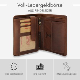 Baur Men's Genuine Leather Wallet with RFID Protection Large Wallet Portrait Format Wallet with Coin Compartment Wallet, dark brown, Portrait format with press stud inside