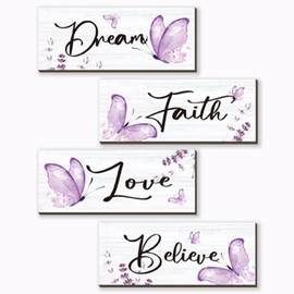 DONFENTHY 4 Pcs Butterfly Wall Decor Purple Bathroom Decor Wooden Positive Butterfly Decor with Butterfly Inspirational Word Dream Sign for Women Room Bedroom Office Decor(Purple,10x4 Inch)