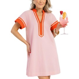 QIBABU Linen Dress for Women V Neck Color Block Summer Short Sleeve A-Line Mini Dress with Pockets(2160-Pink-XS-QB)