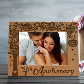 KATE POSH - Our 4th Anniversary Engraved Natural Wood Picture Frame - 4 Years of Marriage. 4th Anniversary, Four Years Together, Wedding for Husband & Wife, Fruit Basket Anniversary (5x7 Horizontal)