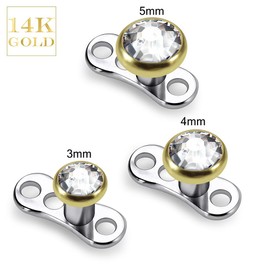 14K Solid Yellow Gold 4mm Round Crystal Stone Top with G23 Grade Titanium Internally Micro Dermal Anchor Drivers - Surface - Skin Piercing