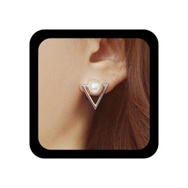 Inilbran Boho Pearl Earrings Silver Triangle Stud Earrings Vintage Pearl Triangle Earrings Geometric Triangle Earrings Jewellery for Women and Girls