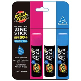 Sun Zapper Zinc Stick SPF 50+ Fotoprotector Mineral en barra (3-pack) - Rosa/Blanco/Azul - Alta Protección Solar. Hecho en Australia.