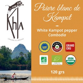 Khla - White Kampot Pepper 120g - Organic White Kampot Peppercorns - Premium Cambodian Pepper - Grand Cru, Strong & Powerful - for Grinder Refill - Direct from Producer - Origin Cambodia