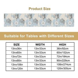 Nautical Map Table Runner,Vintage Blue Sketch Ocean Theme Coral Sailboat Lighthouse Compass Anchor Pattern Table Runner for Coffee Table Dining Room Table Bedroom Party Holiday Decor 13x36inch