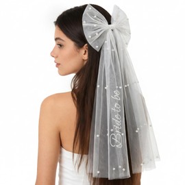 Bride to Be Bow Veil With Pearls,Embroidered White Bridal Hair Bow Clip for Bachelorette Party, Engagement & Bridal Shower Outfits, Tulle Bachelorette Outfits Accessories for Bride To Be