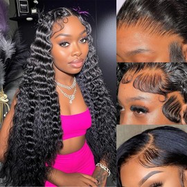 Deep Wave Lace Front Wigs Human Hair 13x4 Hd Transparent Full Frontal Deep Curly Wig 200% Density Pre Plucked With Baby Hair Glueless Wigs For Balck Women (natural black-13x4 deep wave, 28 inch)