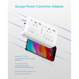 European Travel Plug Adapter 220V to 110V Voltage Converter US to Europe 2000W Electric Hair Dryer Step Down Outlet Converters for Europe Countries (White)