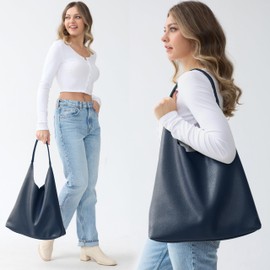Hobo Bags for Women Soft Vegan Leather Shoulder Handbag Slouchy Tote Purses (Navy Blue)