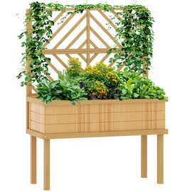 Outsunny Raised Garden Bed with Trellis for Climbing Plants, Vegetable, Grape Vines, Elevated Planter Box with Legs, Drainage Holes and Filter for Outdoor Garden, Patio, Natural Wood