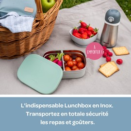 BÉABA, Lunchbox Kind, Brotdose Kinder mit Fächern, Auslaufsicher & BPA Frei, Edelstahldose , Bento Box Kinder, Silikonhülle, extrem robust, ideal für Kindergarten und Schule, 760mL, grau/Salbeigrün