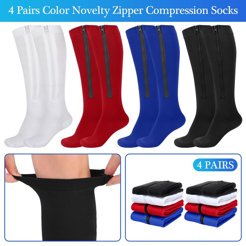 Tarpop 4 Pairs Men Zipper Compression Socks Colorful 20-30mmhg Compression