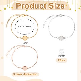 AHANDMAKER 12 Pcs 3 Colors Bracelet Bezel Tray 304 Stainless Steel Cable Chains with Glass Cabochons 10mm Blank Tray Bangles Bracelets Jewelry Bezel Base Settings for Crafting DIY Jewelry Making