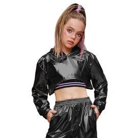 Perfashion crop tops for girls metallic long sleeve hip hop dance outfits kids 80s neon black size 8 10