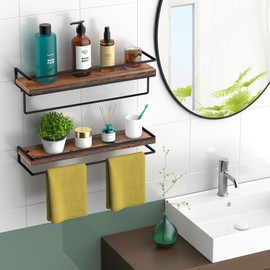 Meangood Floating Shelves Wall Mounted Set of 2, Wall Shelf with Towel Bar Rustic Wood Wall Storage Shelves for Bedroom,Living Room,Bathroom, Kitchen Rustic Brown