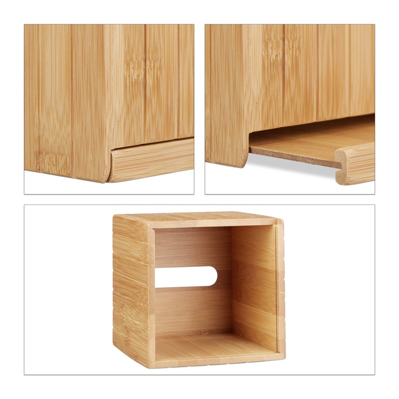 Relaxdays Kosmetiktücherbox quadratisch, Taschentuchbox Holz, Kosmetikbox Bambus, Tücherbox, HBT: 14