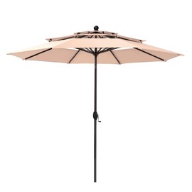 MFSTUDIO 10ft 3 Tier Patio Outdoor Umbrella, Market Table Sun Shade Umbrellas for Backyard Deck Poolside, Auto-tilt, Beige