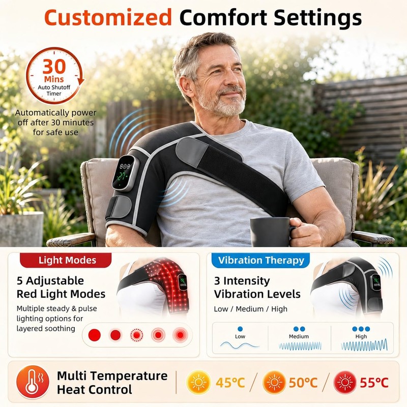 Cordless Red Light Therapy Shoulder Wrap with Vibration Massage, 90