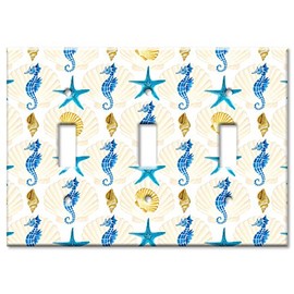 Art Plates - Triple Gang Toggle OVERSIZE Switch Plate - OVER SIZE Decorative Metal Wall Plate - Seahorses and Shells - (Made in USA)