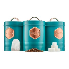 Cooks Professional 3 Piece Storage Canister Set | Labelled Containers for Tea Coffee Sugar | Canisters Sets for Kitchen Accessories & Essentials | Teal & Copper