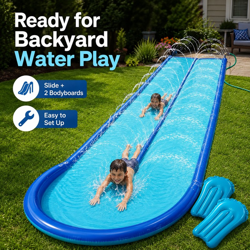 Extra-Wide Backyard Water Slide with Dual Sprayers & 2 Bodyboards
