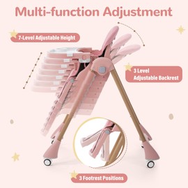 Rotinyard High Chair for Babies & Toddlers, Foldable Baby High Chairs with Adjustable Height, Folding Highchairs with Wheels, Toddler High Chair for Eating with Recline Backrest & Footrest, Pink
