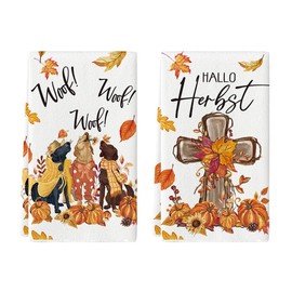 Artoid Mode Kürbisse Hunde Kreuz Hallo Herbst Küchentücher Geschirrtücher, 42x65 cm Saisonale Ahornblätter Dekoration Handtücher 2er Set