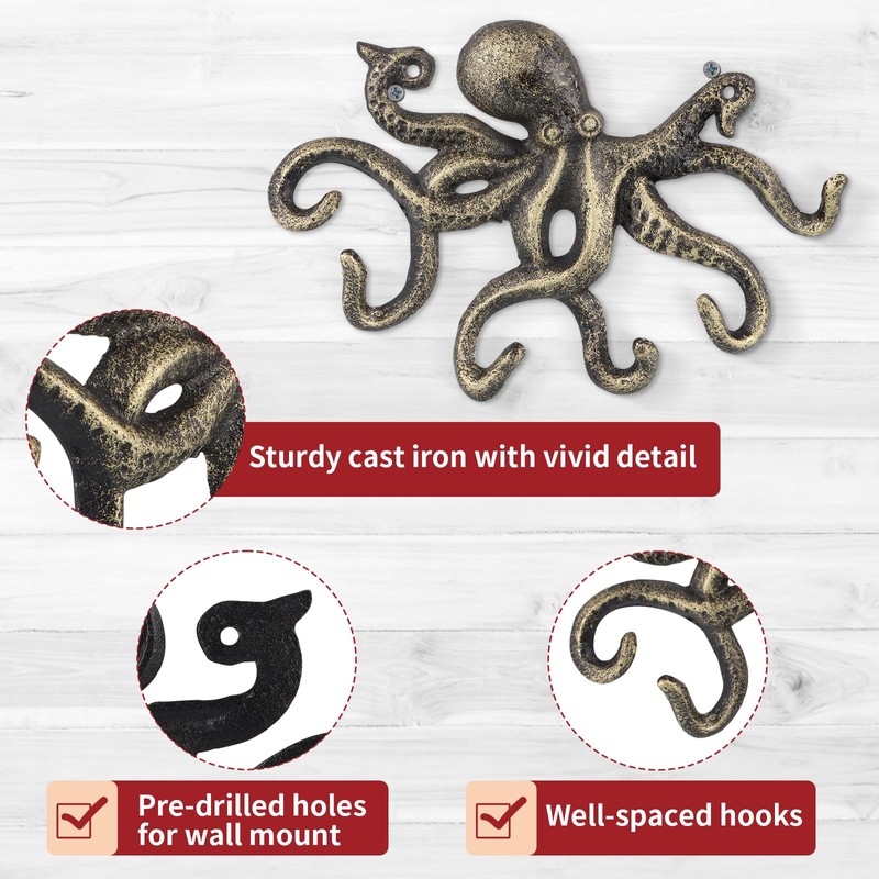 BIMUYI Cast Iron Octopus Hook, Decorative Key Holder, Antique Coat