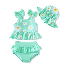 Mioglrie Baby Swimsuit Girl 6-9 9-12 Months Baby Bathing Suit Girl Two Piece Green Dasiy Bikini Summer Beach Swimwear Infant Tankini Hat Set 6-12 Months