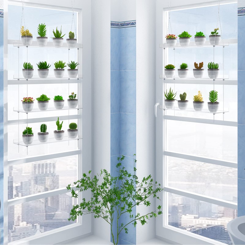 3-Tier Clear Hanging Window Plant Shelves 16In, Height Adjustable Acrylic