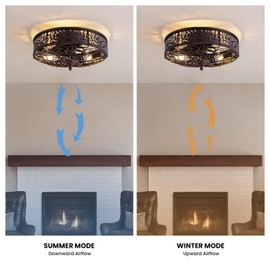 MOOONICHE 20" Ceiling Fan with Light and Remote, Farmhouse Bladeless Flush Mount Caged Ceiling Fan, 6 Speed Reversible Vintage Rustic Enclosed Low Profile Fandelier for Bedroom, Living Room