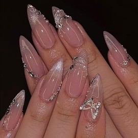 BQZQPAMZ 24PCS Nude Press on Nails Medium Almond Glitter 3D Butterfly Fake Nails Full Cover Acrylic Nails With Rhinestones Reusable Glossy Stick on Nails for Women DIY Manicure Decoration Supplies