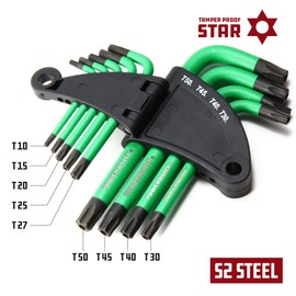 Powerbuilt L-Type Tamper Proof 9 Piece Wrench Set, Short Arm Torx Star Key, Non-Slip Handle, Hex Ball End, Holder - Green 941071