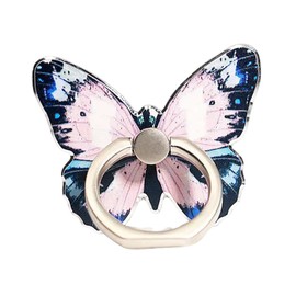 Butterfly Phone Ring Stand Painted Metal Finger Stand 360° Rotation Phone Ring Holder Hand Grip with Knob Loop (Pink-Blue)
