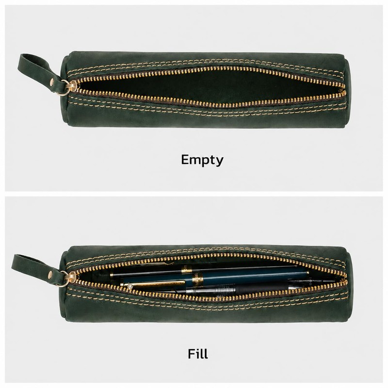ECHSRT Genuine Leather Pencil Pouch, Classic Cylinder Pen Bag -